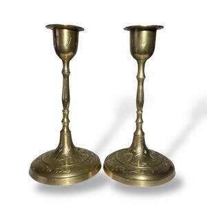 Pair Of Vintage India Brass Candlesticks Engraved 2 Candle Holders Home Altar